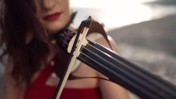 Nahaufnahme Beweglicher Geigenbogen Auf Griffbrettsaiten Zeitlupe Freien Unscharfe Bis Zur — Stockvideo