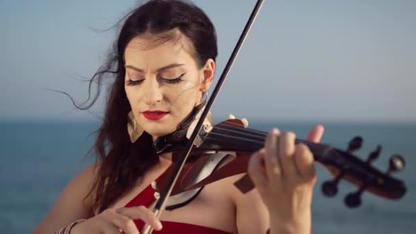 海の海岸で日没時に屋外でバイオリンを演奏カメラを見て茶色の目を持つ自信を持ってブルネットの女性 夕暮れ時に音楽を楽しむ才能のある白人女性のフロントビューの肖像画 — ストック動画
