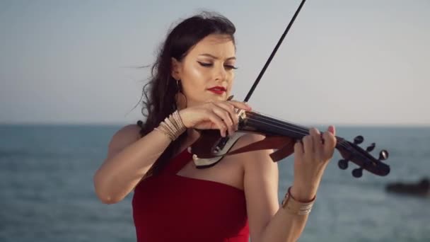 Live Kamera Zoomen Inspirierte Musiker Geige Spielen Bei Sonnenuntergang Der — Stockvideo