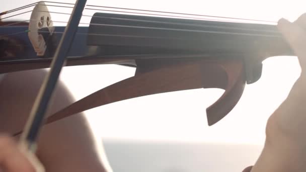 Close Violine Griffbrett Sonnenstrahl Mit Weiblichen Fingern Berühren Saiten Spielen — Stockvideo