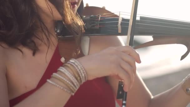 Kırmızı Elbiseli Tanımlanamayan Beyaz Kadın Açık Havada Gün Işığında Keman — Stok video