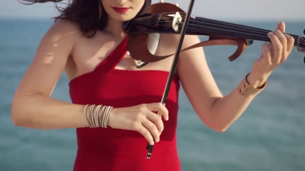 フロントビュー太陽の屋外でバイオリンを演奏認識できない才能のある女性 ミディアムショット自信を持って白人音楽家で赤いドレスで演奏で青地中海の海の波の背景 — ストック動画