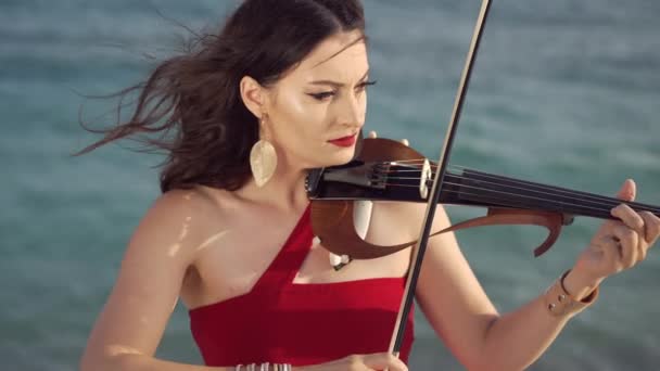 青い海の波を背景に太陽の下でバイオリンを弾く才能豊かな濃縮女性の肖像画 海辺の屋外で日光の中で演奏する刺激的な白人音楽家 — ストック動画