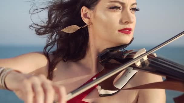 Zoom Auf Eine Selbstbewusste Talentierte Frau Die Geige Spielt Und — Stockvideo