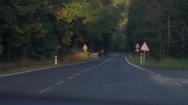 Her iki tarafında yaprak döken orman olan dar yolda sürüş taktiği. Canlı kamera, sakin ve güzel doğayla birlikte yol boyunca ilerler.