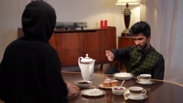 Loving Middle Eastern Woman Offering Food Man Rejecting Refusing Dishes — Stock Video