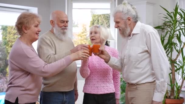 一群老朋友用健康的果汁祝酒 喝着美味的饮料 积极自信的白种人老年男女聚集在室内庆祝节日 — 图库视频影像