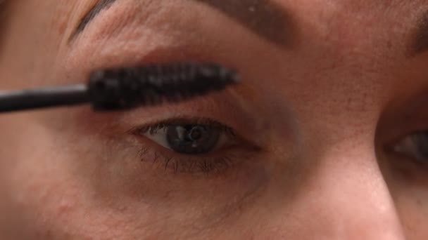 Κοντινό Πλάνο Γυναικείο Μάτι Πινέλο Μακιγιάζ Που Εφαρμόζει Μάσκαρα Κοντινό — Αρχείο Βίντεο