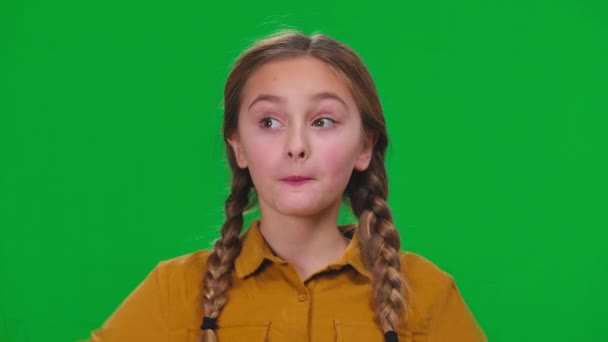 Carefree Girl Making Faces Having Fun Green Screen Looking Camera — Stock Video
