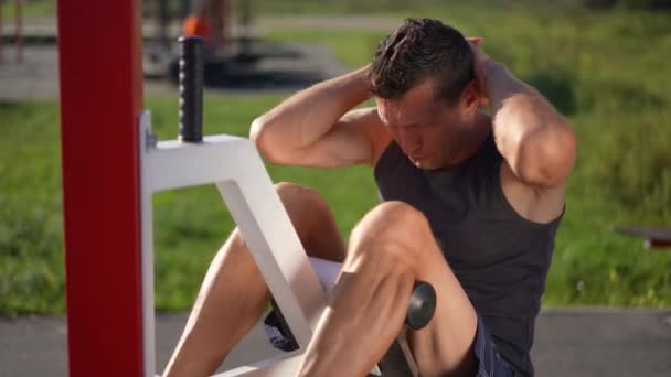 Exhausted Adult Man Finish Crunches Exercise Bench Sighing Wiping Perspiration — Stock Video