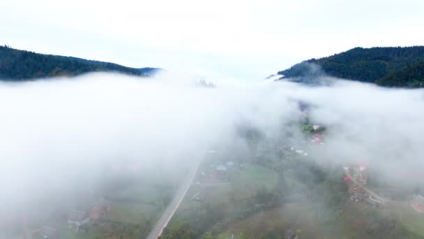 Беспилотник Пролетает Над Белым Туманом Показывая Зелено Голубые Карпатские Горы — стоковое видео