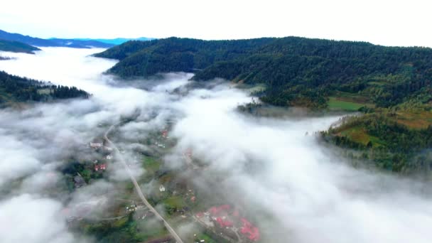 广袤如画的晨山 在户外白雾中 乌克兰喀尔巴阡山脉的空中景观 — 图库视频影像