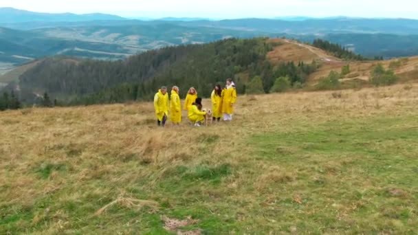 若い女性の犬の友人のグループと山のピークに立って話して愛撫 カルパチア山脈で休暇中の白人男性と女性の広いショット空中パンニングショット — ストック動画