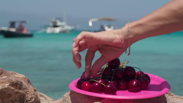 Primer Plano Mano Femenina Tomando Deliciosa Baya Roja Partida Del — Vídeo de stock