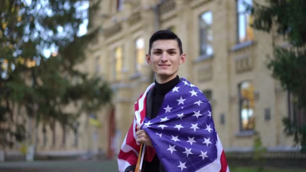 Medium Shot Portrait Confident Intelligent Young Man Usa Flag Posing — Stock Video