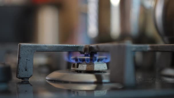 ガスストーブのバーナーで内側に青色の炎を消す 台所で燃焼する化石燃料の閉鎖 — ストック動画