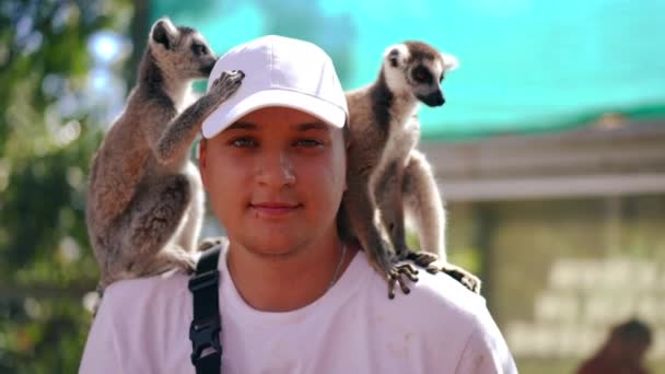 Retrato Jovem Satisfeito Olhando Para Câmera Dia Ensolarado Zoológico Com — Vídeo de Stock