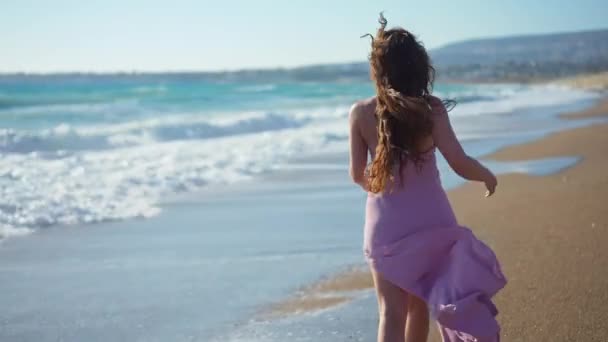 Voltar Ver Jovem Mulher Confiante Vestido Andando Praia Areia Mar — Vídeo de Stock