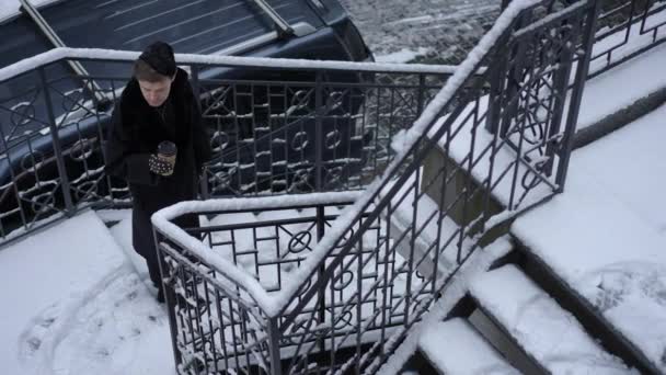 Geniş Açılı Yüksek Açılı Lgbt Çalışanı Soğuk Kış Kentlerinde Aşağıda — Stok video