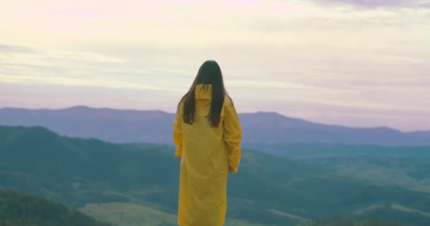 Mujer Vista Trasera Levantando Brazo Cámara Lenta Admirando Las Montañas — Vídeo de stock