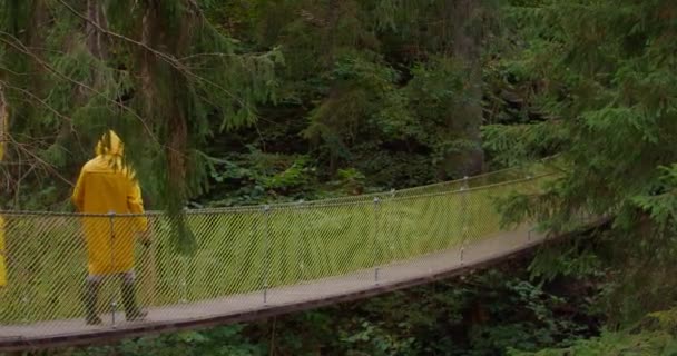 Ponte Suspensa Floresta Montanha Com Feliz Casal Jovem Relaxado Andando — Vídeo de Stock