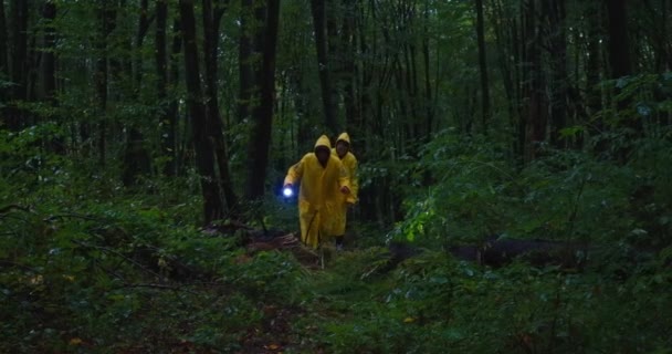 Γυναίκες Αυτοπεποίθηση Περπατούν Βροχερό Δάσος Στα Βουνά Φακό Σούρουπο Ευρύ — Αρχείο Βίντεο