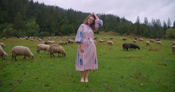 Weitschuss Barfuß Schöne Ukrainerin Nationalkleidung Die Auf Einer Bergwiese Steht — Stockvideo