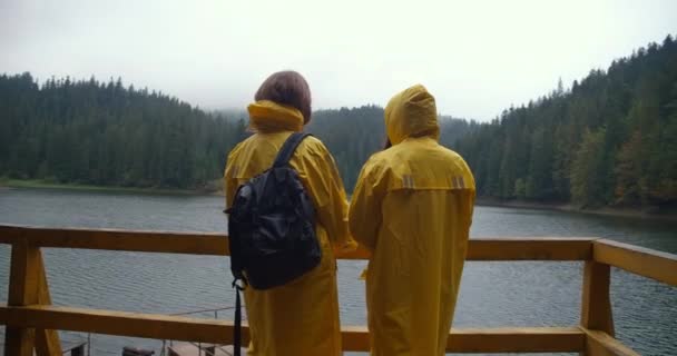 Voltar Ver Duas Mulheres Falando Costa Lago Synevyr Nas Montanhas — Vídeo de Stock