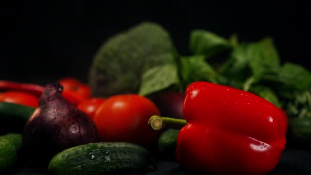 黒を背景に新鮮な有機野菜に水を振りかけるクローズアップ 健康的な自家製のピーマンキュウリトマトとブロッコリーを閉じます 健康的な食事のコンセプト — ストック動画