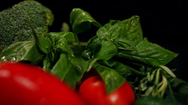 緑の葉に沿って左へのクローズアップパンニング赤トマトとブロッコリー 黒を背景においしい生の健康食品を閉じます — ストック動画