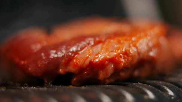 Großaufnahme Auf Fleischscheiben Gießen Und Grillhülle Zeitlupe Schließen Leckere Saftige — Stockvideo