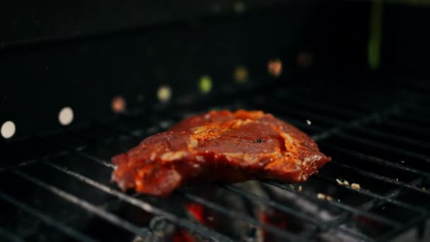 Detailní Záběr Kořeněný Syrový Masový Steak Padající Gril Zpomaleném Záběru — Stock video
