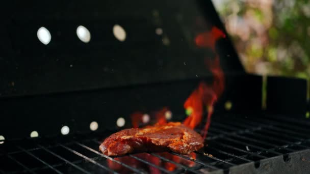 Acercamiento Agua Aspersión Barbacoa Con Llama Roja Quema Alrededor Carne — Vídeo de stock