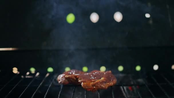 特写镜头 在烤肉烤架上吸烟 把绿叶中的水撒在肉桩上 户外野餐时穿上鲜美可口的食物 — 图库视频影像