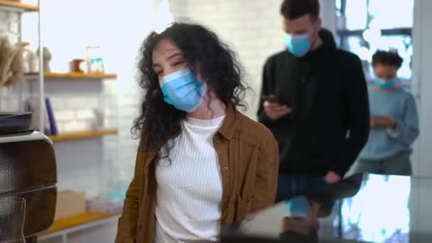 Positive Woman Face Mask Taking Takeaway Coffee Leaving Queue Moving — Stock Video
