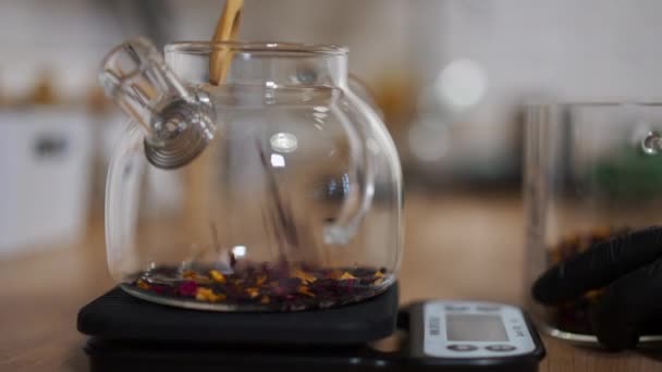 把干茶放在室内玻璃杯茶壶里 难以辨认的人把美味的饮料倒在咖啡壶里 — 图库视频影像