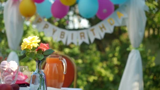 背景に誕生日パーティーの装飾が施された左側の太陽の下で花 晴れた夏の日には公園で甘いおいしい食べ物や飲み物を持つクローズアップテーブル人々と — ストック動画