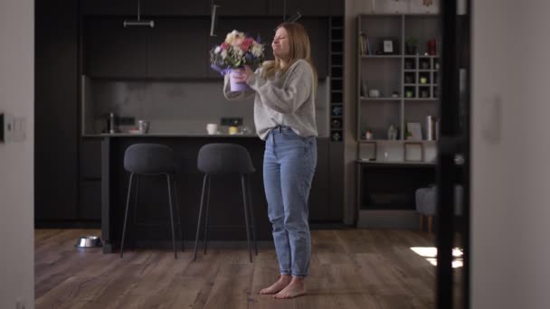 Wide Shot Furious Angry Young Woman Breaking Bouquet Flowers Looking — Stock Video