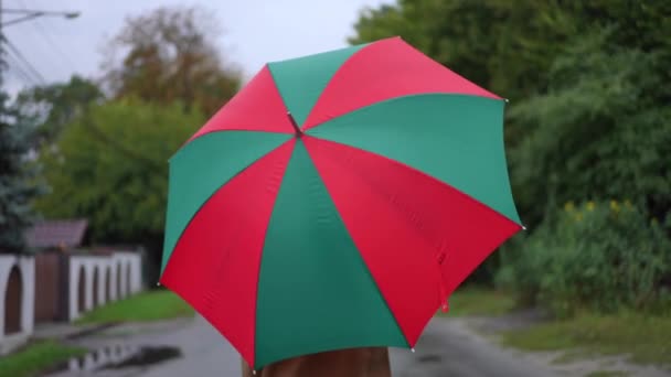 Canlı Kamera Kırmızı Yeşil Şemsiyeyi Takip Ediyor Yavaş Çekimde Yürüyen — Stok video