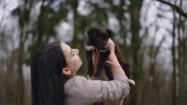 Feliz Joven Mujer Caucásica Jugando Con Cachorro Aire Libre Retrato — Vídeo de stock