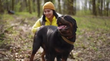 Ormanda tatmin olmuş büyük bir köpeğin portresi ve arka planda evcil hayvanı okşayan bulanık genç bir kadın. Kafkasyalı bir bayanla parkta mutlu, rahat bir hayvan.