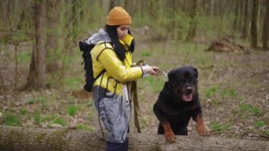 Genç bir kadın ormanda köpek eğitmeniyle konuşuyor. Kendine güvenen beyaz bir kadının portresi açık havada hayvanlarla yürüyor.