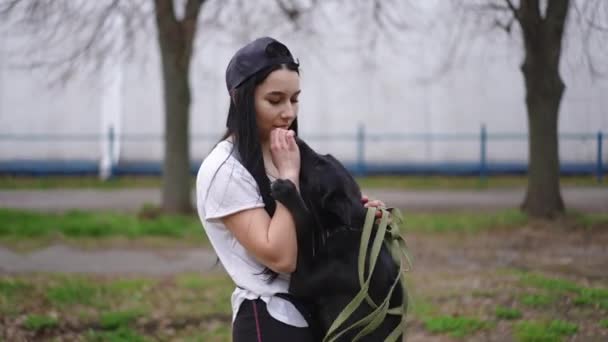 Средний Снимок Улыбающейся Женщины Кинолога Дающей Угощение Здоровой Чёрной Собаке — стоковое видео