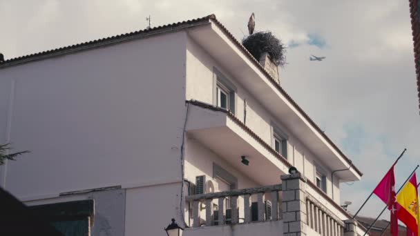 Çatı Arka Planda Gökyüzünden Geçen Bayrak Leyleklerle Köy Binasının Yan — Stok video