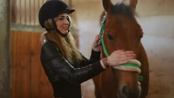 Widok Boku Uśmiechnięta Piękna Kobieta Pieszcząca Brązowego Konia Stajni Pomieszczeniach — Wideo stockowe