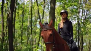 Atın sırtında güneşli ormanda gezen bir hayvan gibi oturan kendinden emin, zayıf genç bir kadın. Güzel beyaz atlı at binicisinin portresi. Evcil hayvan üzerinde. Bahar günü açık havada güneş ışığında yürüyor.