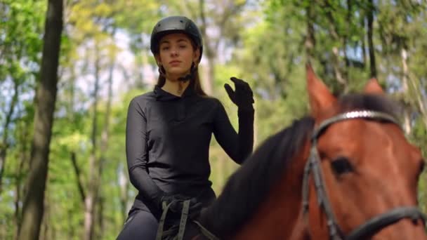 一个可爱的年轻女子调整头盔 骑在马鞍上的中等摄影肖像 在阳光明媚的春夏森林里 自信美丽的白种人骑着优雅的动物向远方望去 — 图库视频影像