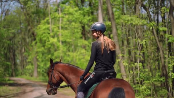 Achteraanzicht Slanke Vrouw Zittend Zadel Paard Terug Als Dier Wandelen — Stockvideo