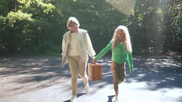 Dolly Shot Satisfied Caucasian Grandmother Granddaughter Walking Picnic Basket Slow — Stock Video