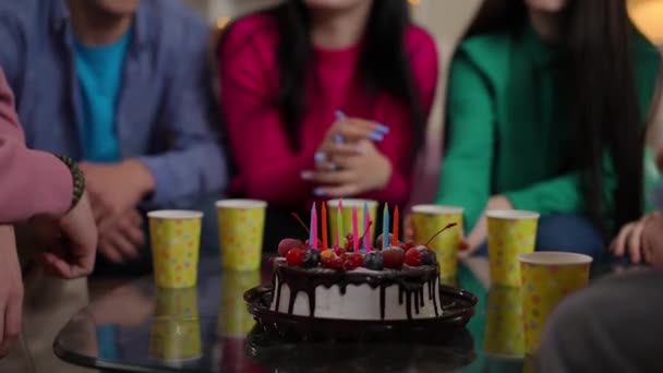 Tasty Birthday Cake Table Paper Cups Unrecognizable People Gesturing Talking — Stock Video